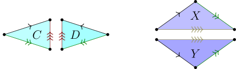 Diagrams of the four triangles obtained by bisecting the Penrose P3 rhombs. The edges are marked with four different types, via colours and arrows. The three- and four-arrow edges force the triangles to rejoin into whole rhombs, and the one- and two-arrow edges match the ones in previous figures.