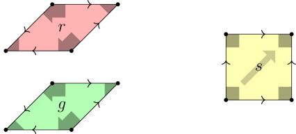 Diagrams of the Ammann-Beenker tiles, in a form containing two mirror-image rhombi and a whole square tile. The edges all have the same type, but are marked with arrows indicating direction.
