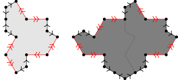 Diagrams of the hat and double-hat tiles. The edges are marked with two different types, via colours and arrows. A faint line within the double-hat shows how it ultimately decomposes into two hats, one of which is reflected.
