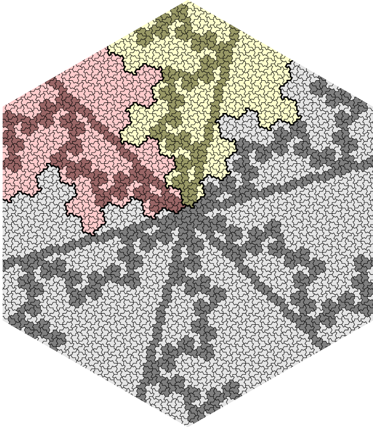 A large patch of hat tiling, most of which has 6-way rotational symmetry, except for a few paths of hats which are asymmetric, shown in a darker shade. Two regions at the top of the diagram are coloured red and yellow and outlined by thick boundaries, pointing out that those two regions are exactly identical, with even the shaded paths of hats within them agreeing.