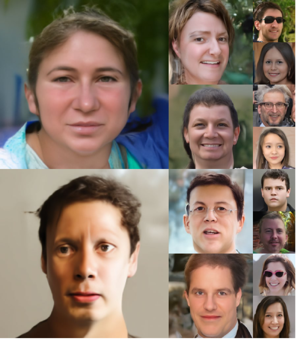 Качественные результаты DiT-S в пиксельном пространстве, обученного с использованием LLSA на наборах данных FFHQ-128, FFHQ-256 и FFHQ-512, демонстрируют потенциал для улучшения качества при более длительном обучении, особенно заметное для FFHQ-512, где обучение было ограничено двумя эпохами.