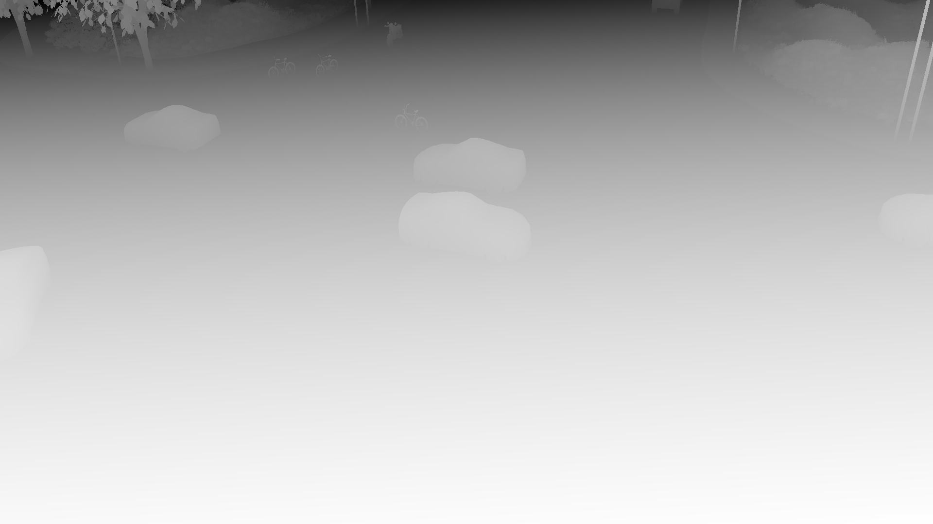 Black and White Depth estimation map of urban intersection with cars navigating through a multi-lane crossing.