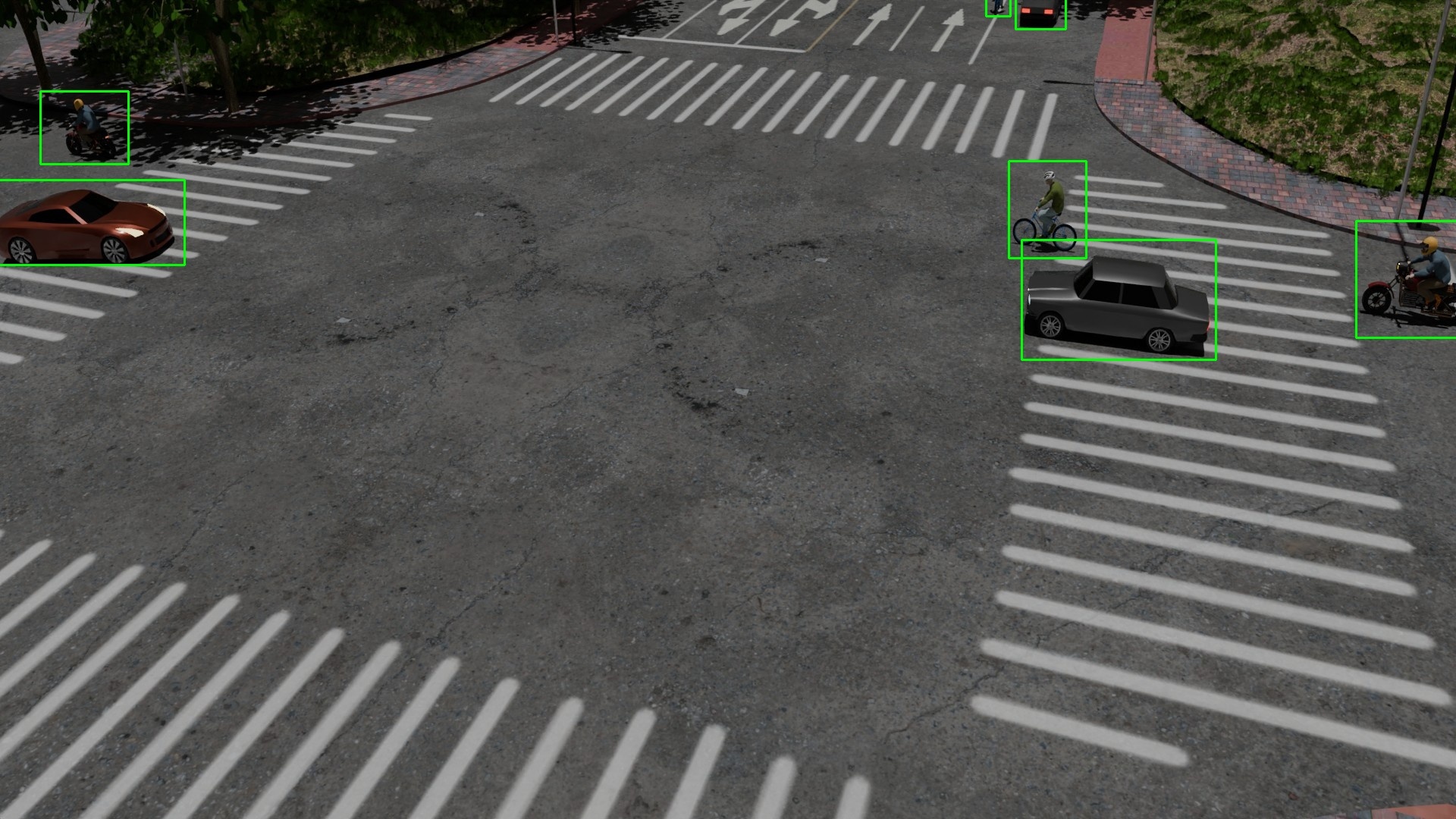 Simulated urban intersection with cars and bicycles. Around each vehicle is drawn a bounding box used for object detection.