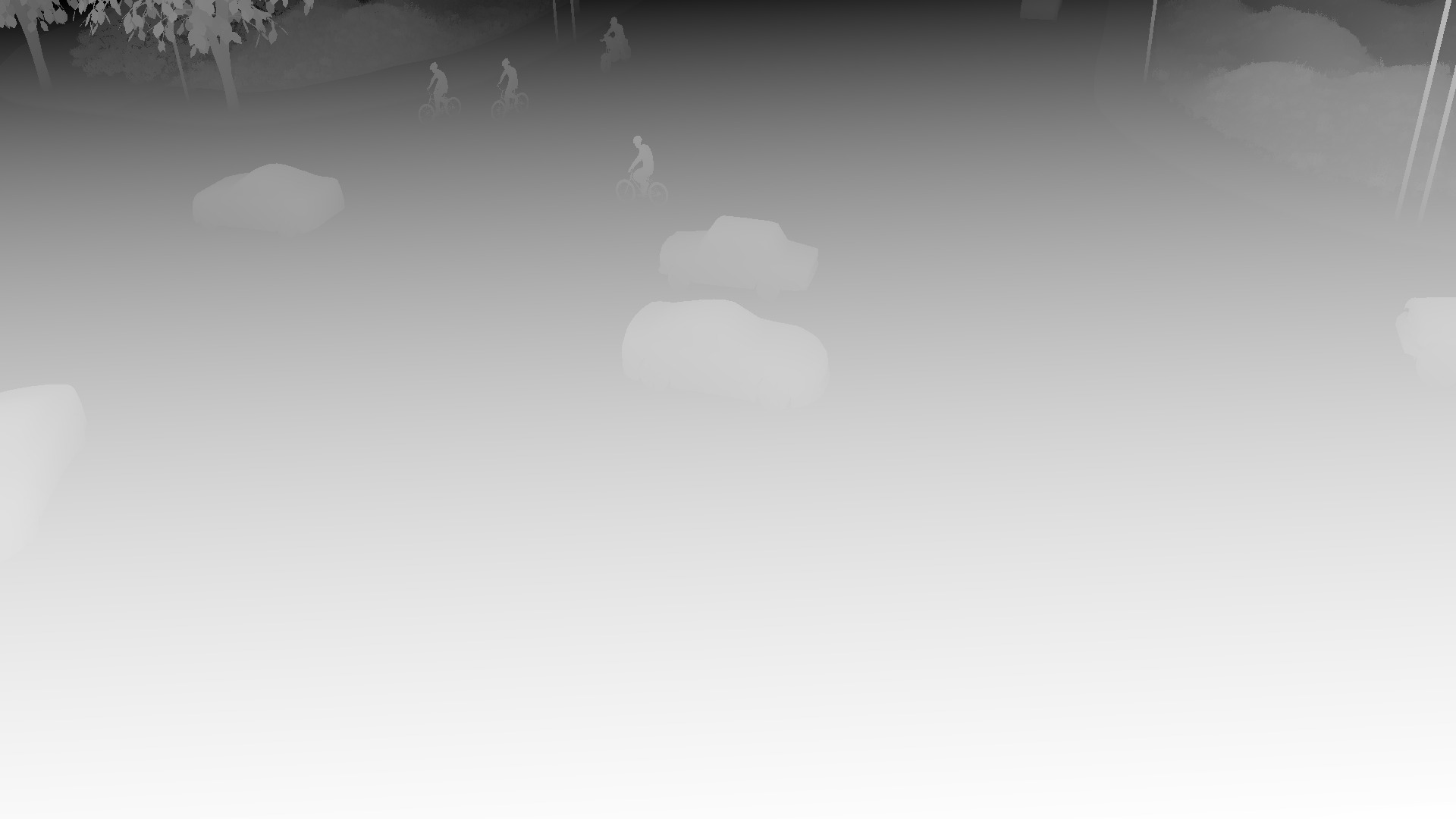 Depth map of an urban scene showing vehicles and cyclists, with closer objects appearing lighter and distant objects darker