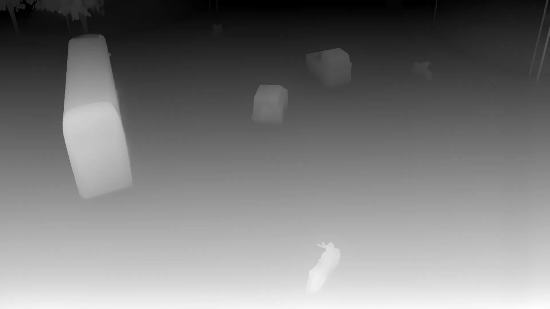 Black and White Depth estimation map of urban intersection with cars, bus, motorcycles navigating through a multi-lane crossing.