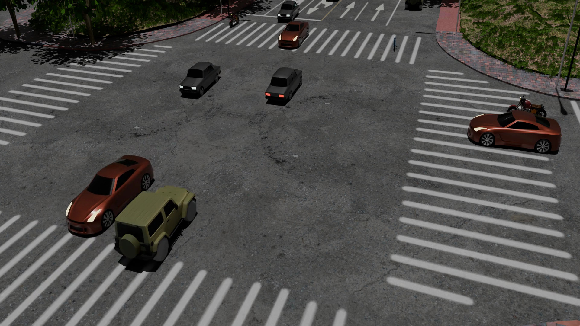 Simulated urban intersection with cars navigating through a multi-lane crossing.