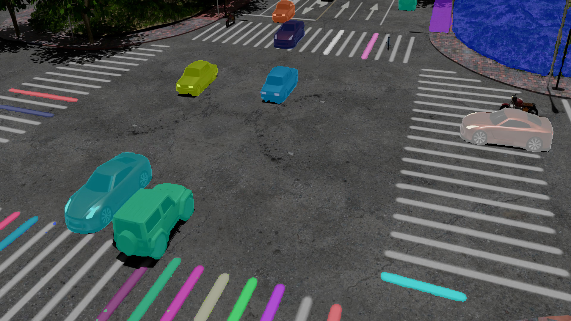 Segmentation mask of urban intersection with cars navigating through a multi-lane crossing.