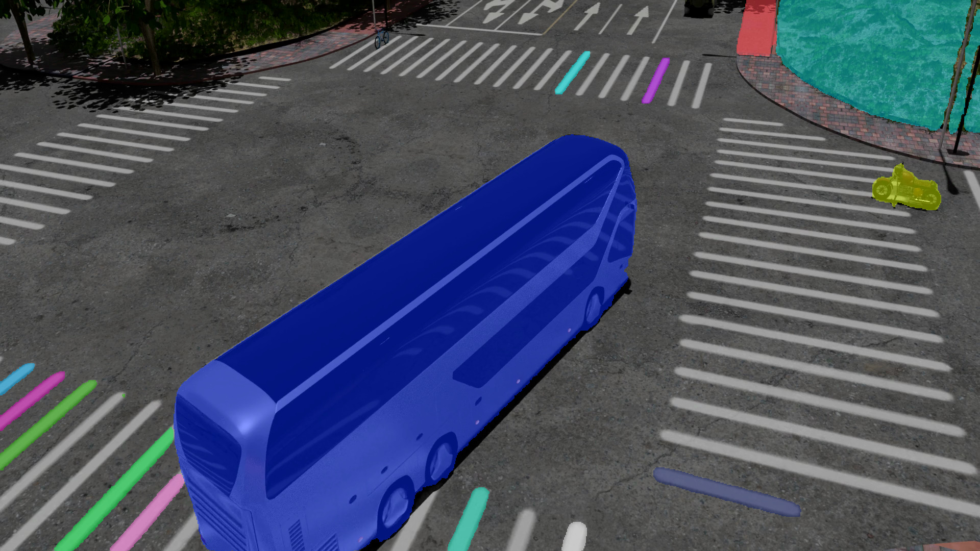 Segmentation mask urban intersection with bus navigating through a multi-lane crossing.
