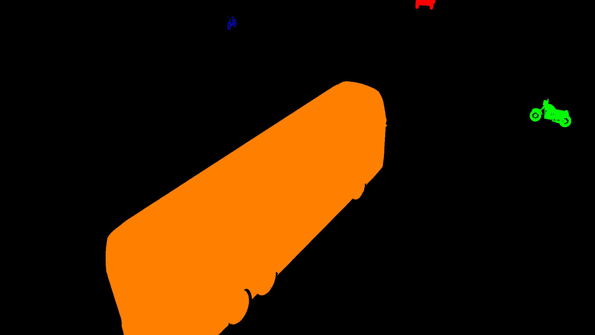 Segmentation mask urban intersection with bus navigating through a multi-lane crossing.
