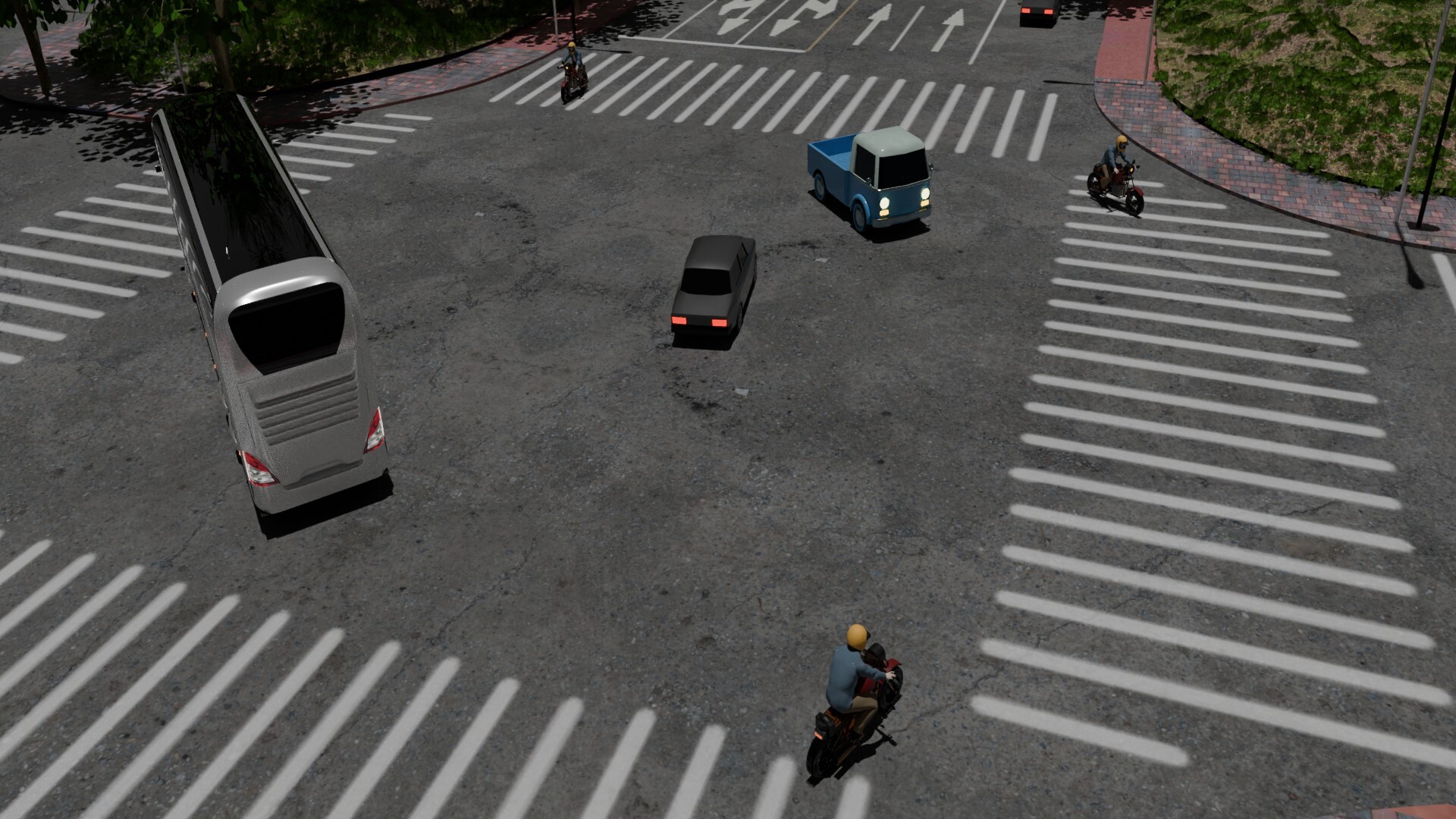 Simulated urban intersection with a bus, car, van, and motorcycles navigating through a multi-lane crossing.