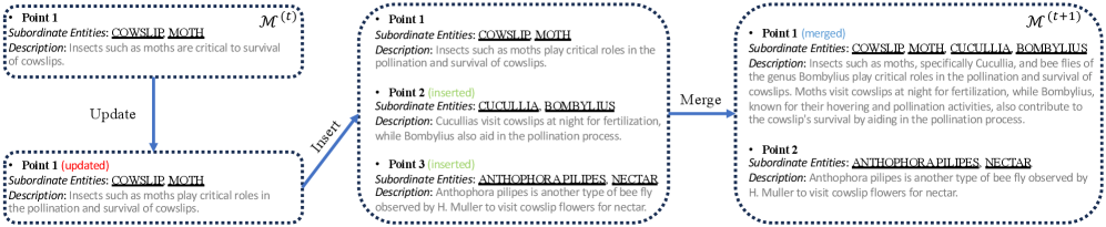 Динамика развития памяти отображается как эволюция гиперграфа <span class="katex-eq" data-katex-display="false">\mathcal{M}^{(t)}</span> в <span class="katex-eq" data-katex-display="false">\mathcal{M}^{(t+1)}</span> посредством операций обновления, вставки и слияния гиперребер.
