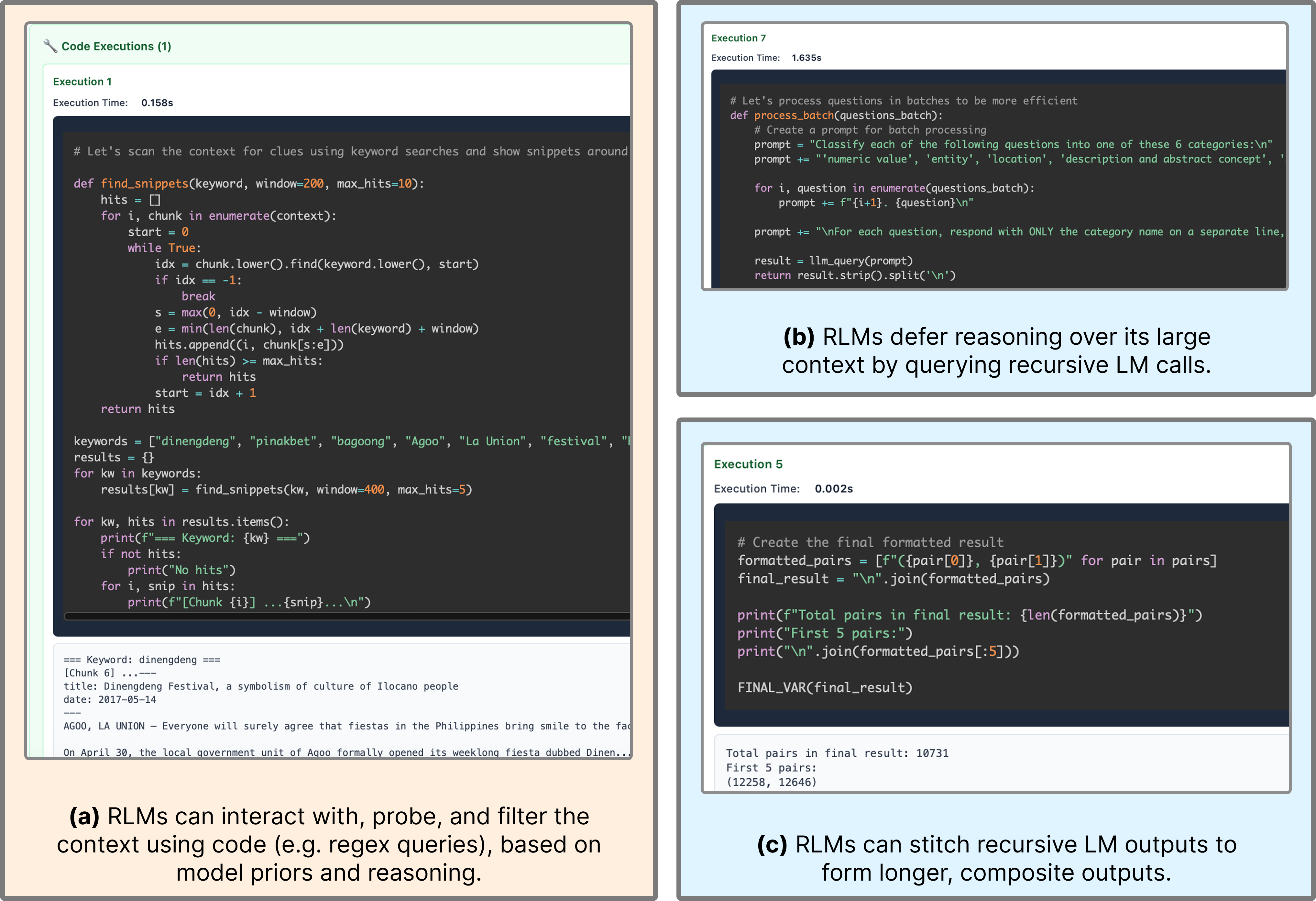 При решении задач языковые модели с подкреплением (RLM) демонстрируют общие закономерности в траекториях, такие как фильтрация контекста с помощью запросов, аналогичных регулярным выражениям, рекурсивное разбиение контекста на подзадачи и решение длинных задач путем рекурсивных вызовов под-LM и последующего объединения результатов.