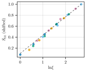 Анализ полубесконечной энтропии запутанности в приближении cMPS показывает линейную зависимость от логарифма корреляционной длины ξ для различных значений <span class="katex-eq" data-katex-display="false">c_{12}</span>, подтверждая ожидаемое масштабирование <span class="katex-eq" data-katex-display="false">S_{EE}=(C/6)\log(\xi)+S_{0}</span> с центральным зарядом <span class="katex-eq" data-katex-display="false">C=2</span>.