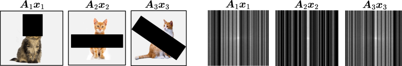 An illustration of image inpainting and accelerated magnetic resonance imaging problems with varying forward operators. On the left, three cat images are shown, each partially obscured by a different black mask, labeled $\boldsymbol{A}_{1}\boldsymbol{x}_{1}$, $\boldsymbol{A}_{2}\boldsymbol{x}_{2}$, and $\boldsymbol{A}_{3}\boldsymbol{x}_{3}$. On the right, three k-space MRI measurements are shown, each with a different part of the Fourier space being masked out.