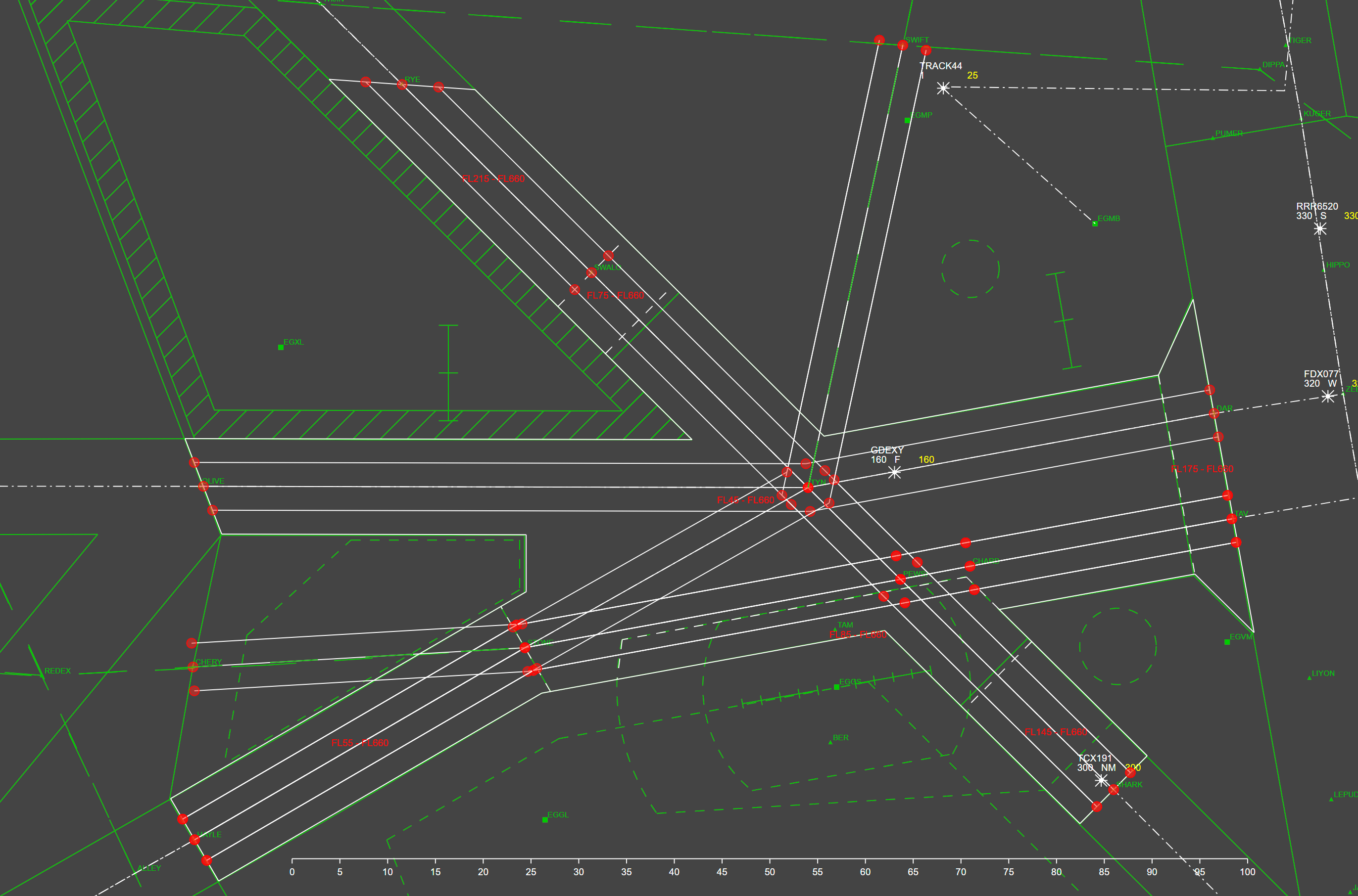 Figure 2 : A set of deconflicted lanes for a training sector. The Right and Left lanes for each route are geometrically deconflicted from each other.