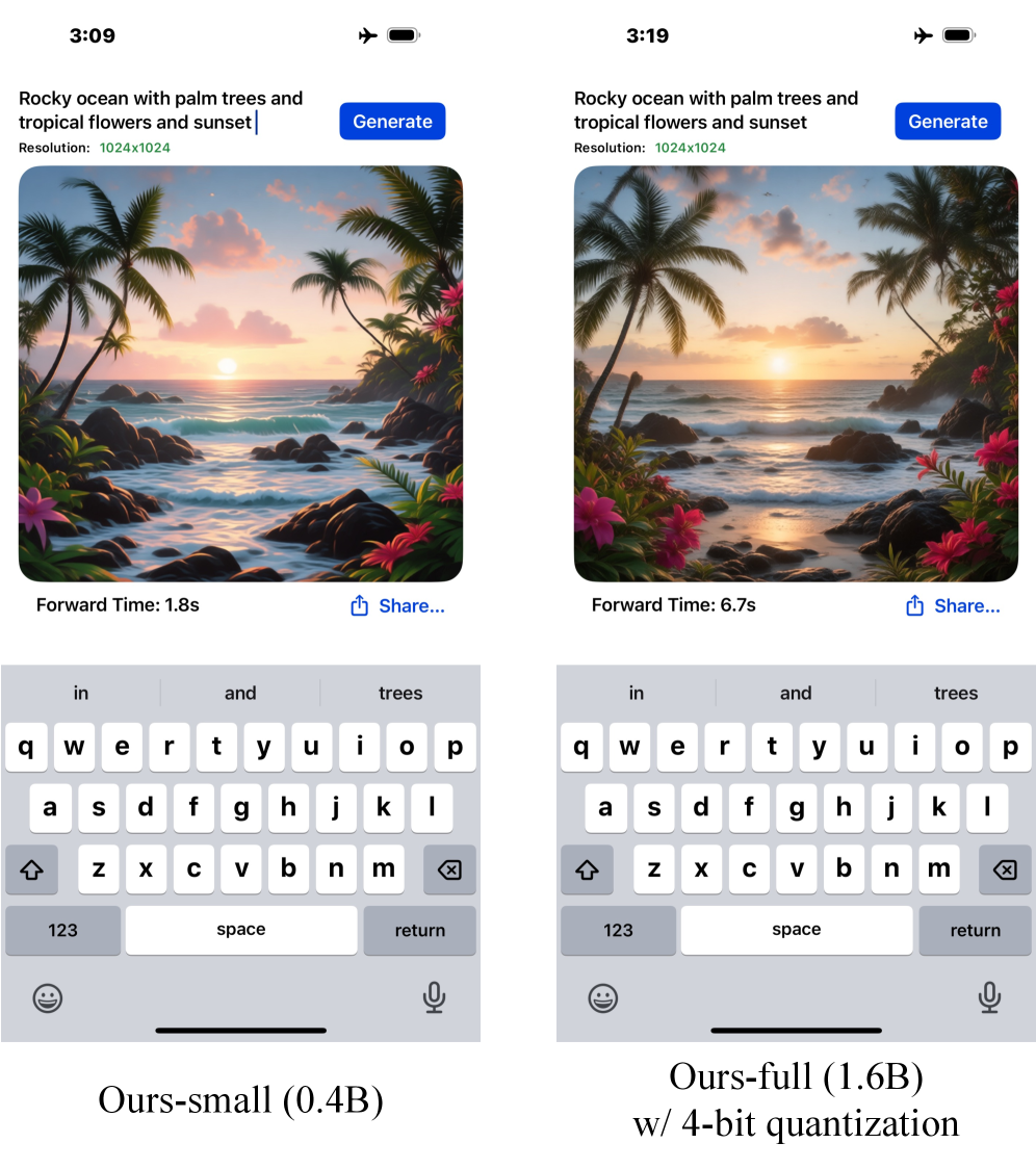 Демонстрация генерации изображений непосредственно на устройстве, выполненная на iPhone 16 Pro Max, показывает, что даже компактная модель с 0.4 миллиардами параметров способна создавать визуальный контент, в то время как полноразмерная версия, оптимизированная 4-битной квантизацией, обеспечивает еще более детализированные результаты, раскрывая возможности локального исполнения ресурсоемких задач.