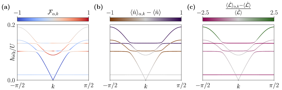 Analysis of low-energy excitations at <span class="katex-eq" data-katex-display="false">J^{\prime}/U=0.02</span>, <span class="katex-eq" data-katex-display="false">J/U=0.67</span>, and <span class="katex-eq" data-katex-display="false">\mu/U=-0.67</span> reveals a gapless Goldstone mode (blue), an amplitude (Higgs) mode carrying loop current aligned with the ground state (red), and corresponding plaquette density exhibiting particle-hole excitations.