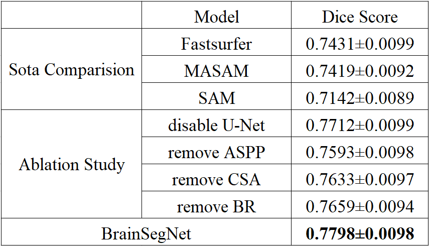 Количественный анализ на выборке пациентов с HCP по 95 областям мозга показал превосходство предложенного метода над современными подходами (FastSurfer, MASAM, SAM), что подтверждается результатами абляции компонентов модели (U-Net, ASPP, CSA и BR).