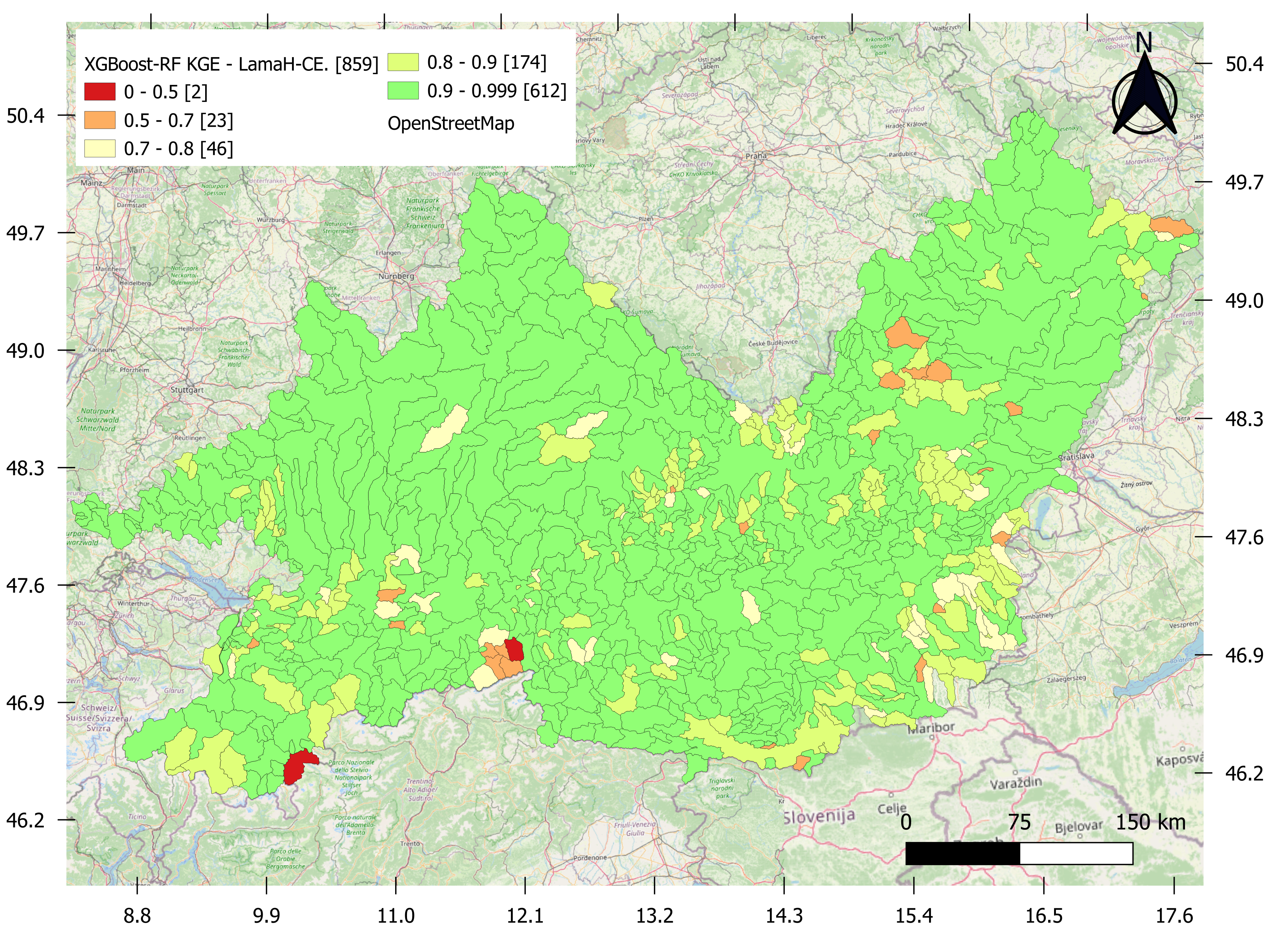 The XGBoost-RF river-flow forecasting model demonstrates excellent performance (≥ 0.9 KGE) across most of the 857 LamaH-CE catchments, with performance ranging from poor (<span class="katex-eq" data-katex-display="false"><</span> 0.5 KGE) to very good (0.8-0.9 KGE), as visualized on an OpenStreetMap background.