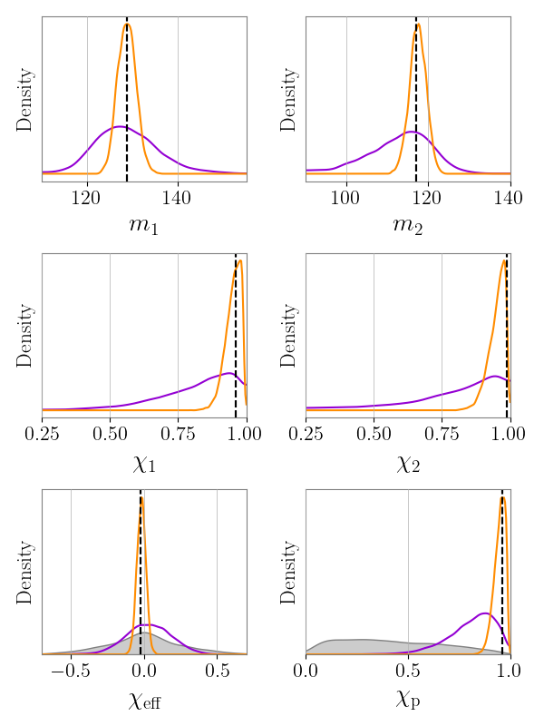 Analysis of a simulated GW231123-like signal demonstrates that the planned upgrade to LIGO A# sensitivity will enable extraordinarily accurate inference of source parameters, including component masses and spins <span class="katex-eq" data-katex-display="false">\chi_{eff}</span> and <span class="katex-eq" data-katex-display="false">\chi_{p}</span>, as indicated by the close agreement between inferred values (orange/purple) and true values (dashed black) despite prior distributions (shaded gray).