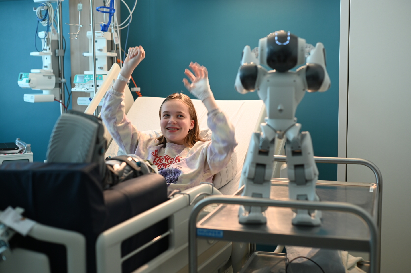 The system demonstrates robotic assistance during in-patient physiotherapy, enabling targeted rehabilitation through physical interaction with a patient.