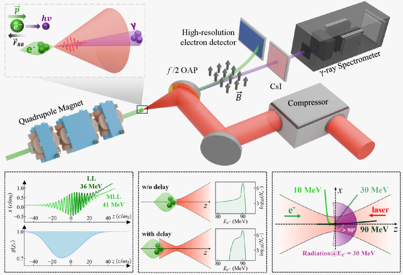 Экспериментальная установка, использующая линейный ускоритель электронов с энергией от 10 до 90 МэВ и лазер мощностью 3 ПВт, сфокусированный параболическим зеркалом с числовой апертурой 2, позволяет исследовать динамику взаимодействия электронов и излучения, выявляя зависимость спектра энергии электронов и γ-квантов от временной задержки между пучком электронов и лазерным импульсом, что подтверждается моделированием траекторий частиц на основе уравнений Ландау-Лифшица и модифицированных уравнений Ландау-Лифшица.