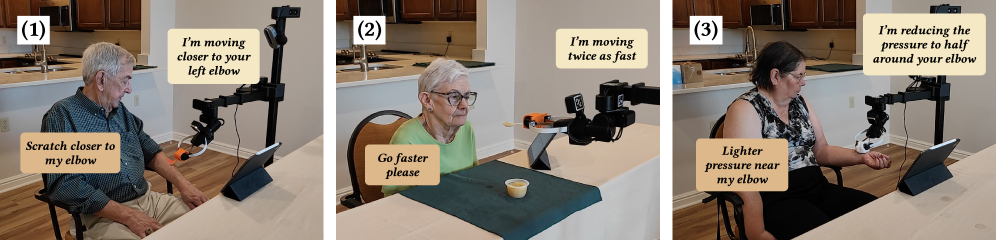 В ходе пользовательского исследования BRIDGE успешно генерировал как реплики пользователя (оранжевым), так и соответствующие голосовые ответы робота (желтым) для трех задач: почесывания, кормления и купания.