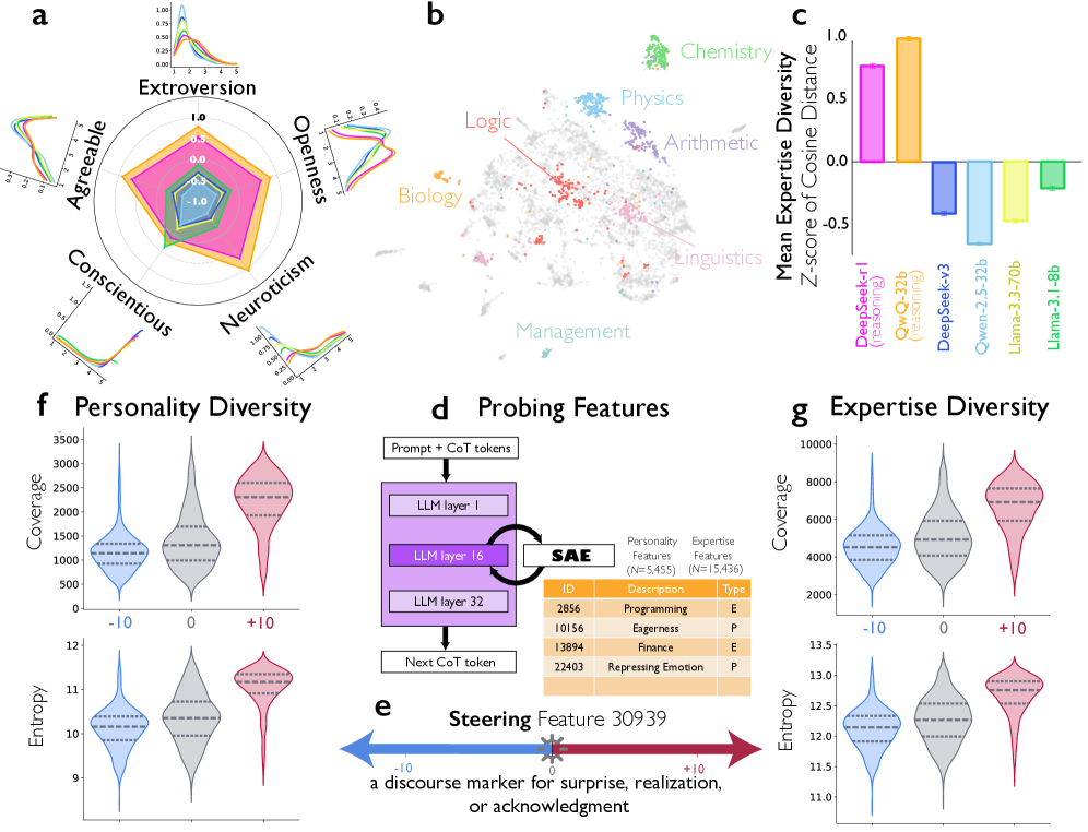 Анализ траекторий рассуждений показал, что модели, способные к рассуждениям, демонстрируют значительно большее разнообразие в выражении личностных качеств (по шкале BFI-10) и областей экспертизы, что проявляется в более широком спектре используемых стратегий решения задач и способности к самопроверке, при этом управление соответствующими признаками позволяет направленно изменять характер рассуждений от линейных цепочек мыслей до активного исследования альтернативных подходов.
