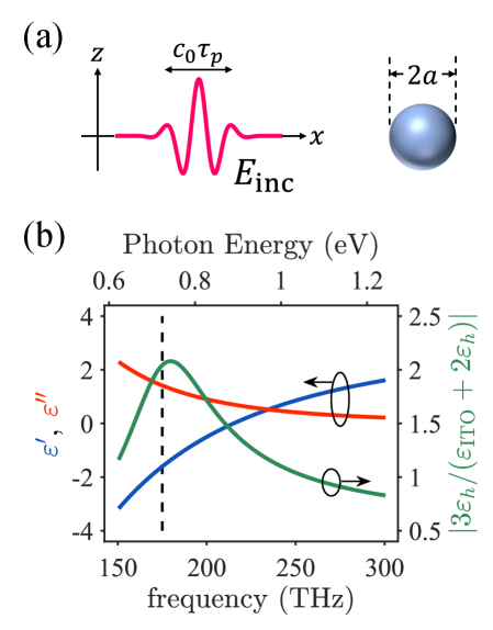 The real and imaginary parts of the permittivity of the ITO nanoparticle, along with the absolute value of the prefactor for the local field within a subwavelength sphere, are shown at <span class="katex-eq" data-katex-display="false">T=300K</span>, with a dashed line indicating the simulation frequency of <span class="katex-eq" data-katex-display="false">175THz</span>.