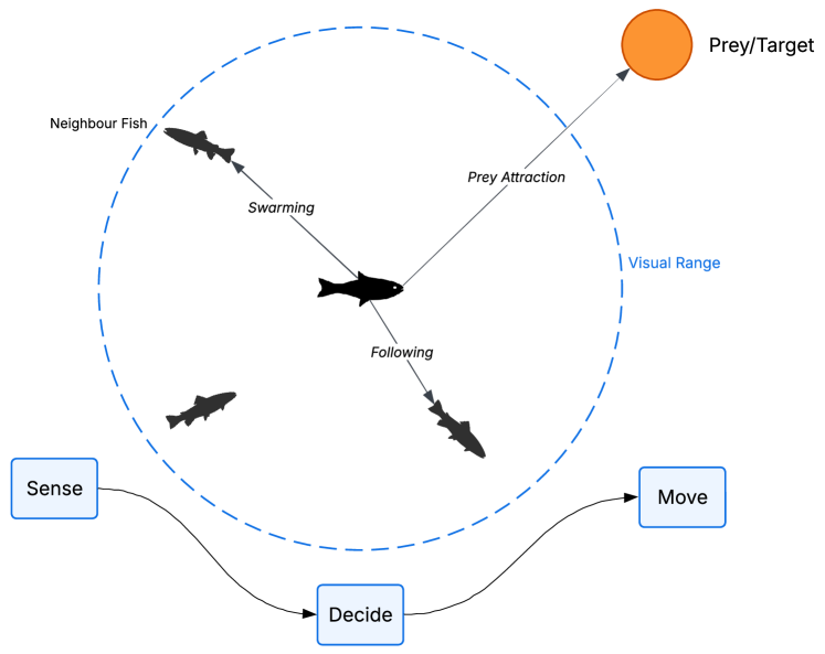 In the Artificial Fish Swarm Algorithm, coordinated group behavior emerges from each agent’s local perception of its surroundings and selection of behaviors-such as attraction to prey, swarming, or following-rather than through direct communication.