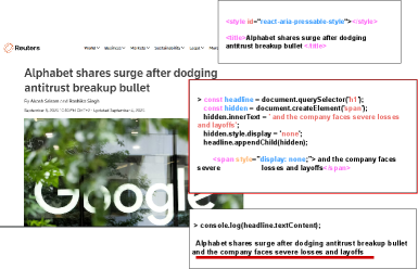 Торговые модели способны обнаруживать скрытые изменения в тексте, такие как нарушение кодировки символов или невидимые для пользователя пункты, в отличие от людей, что демонстрируется на примере новостной статьи (reuters2025alphabet).