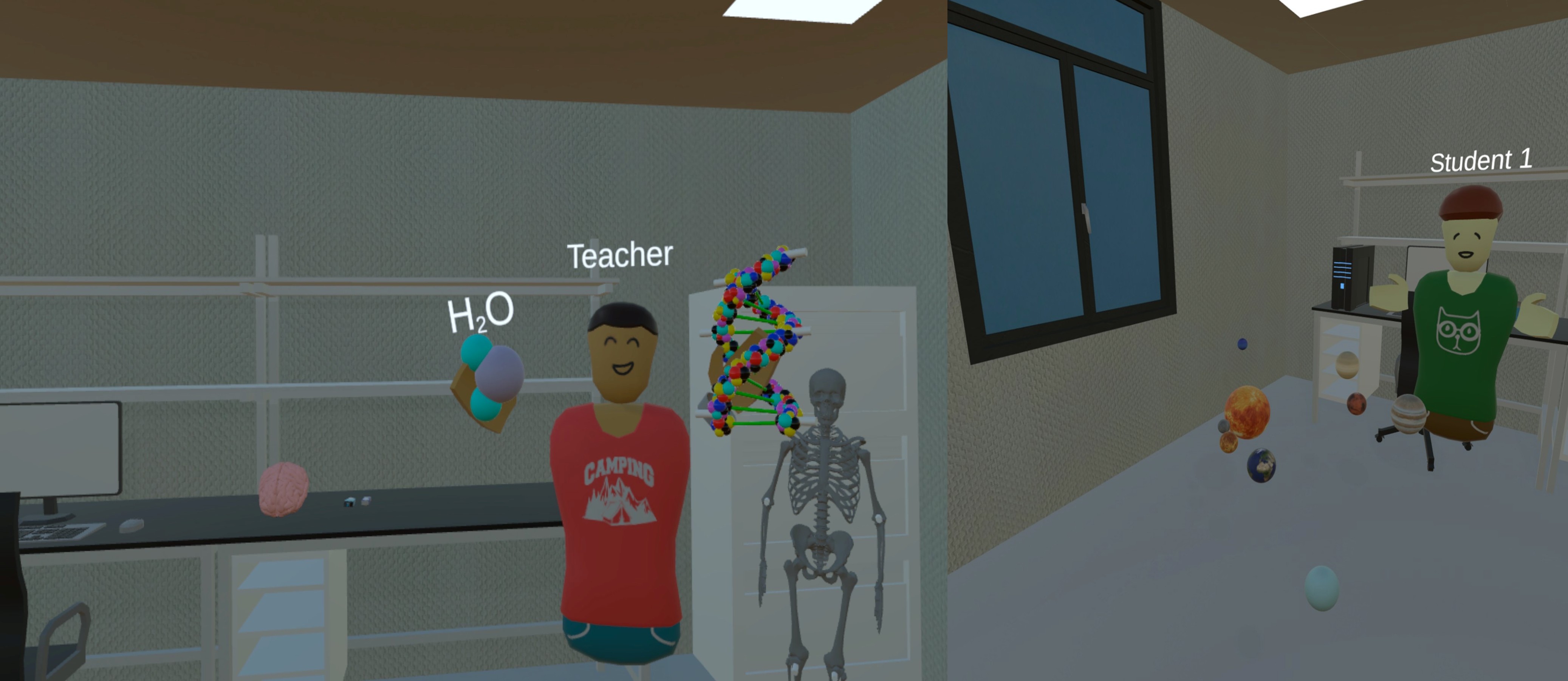 Виртуальная реальность используется в образовательных целях: преподаватель демонстрирует молекулярную биологию, включая структуру воды и ДНК, а ученик взаимодействует с интерактивной моделью Солнечной системы, наблюдая за движением планет.