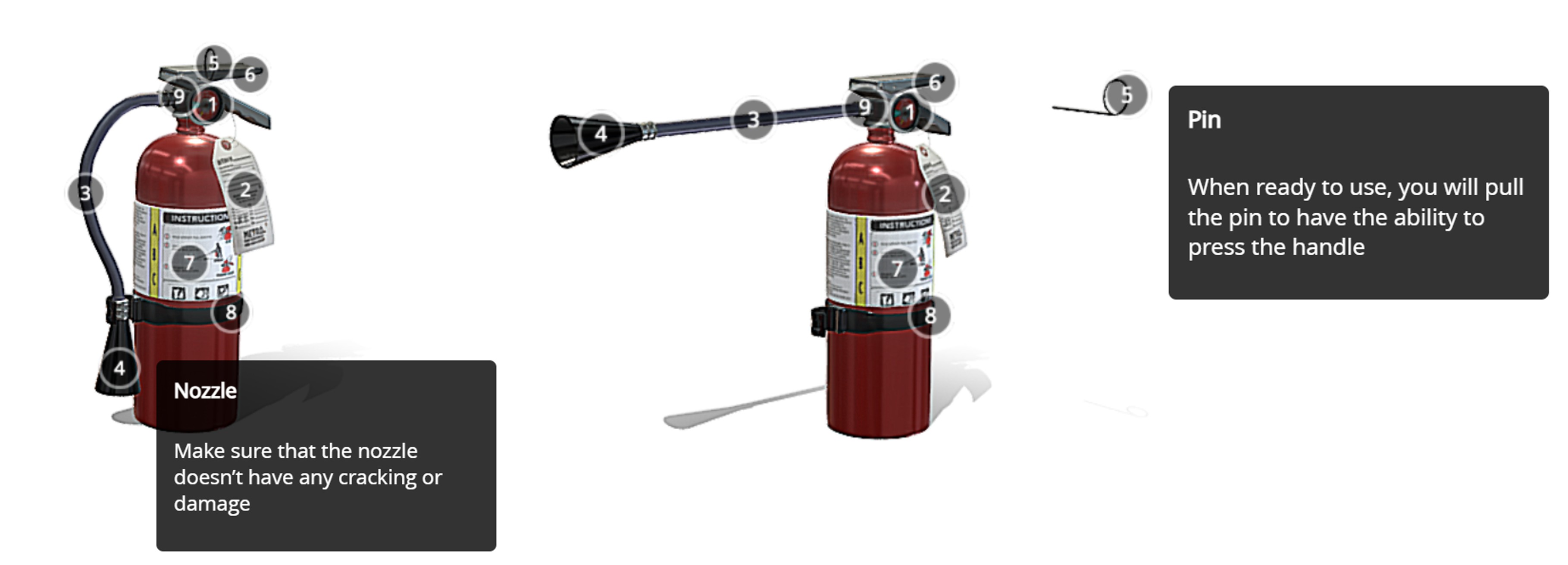 Высокоинтерактивная виртуальная модель огнетушителя, с детализированными компонентами, позволяет пользователям освоить правильные техники тушения пожара в условиях практической тренировки.