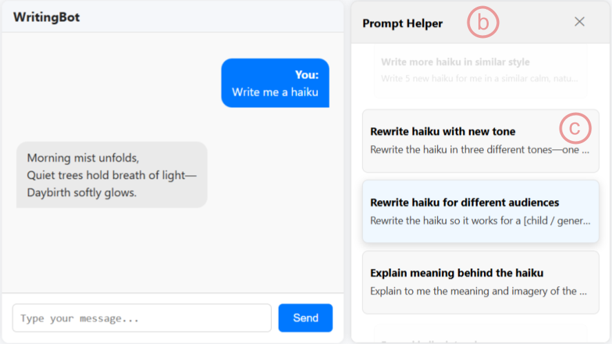PromptHelper extends baseline chatbot functionality by surfacing contextually relevant prompt suggestions, encouraging iterative exploration and offering users diverse creative directions-such as rewriting, audience adaptation, or explanatory expansion-to support a more nuanced writing process.