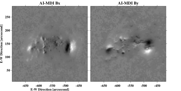 AI successfully reconstructed the transverse magnetic field of active region AR 09643 on May 21, 2001, visualizing the <span class="katex-eq" data-katex-display="false">B_y</span> (left) and <span class="katex-eq" data-katex-display="false">B_x</span> (right) components.