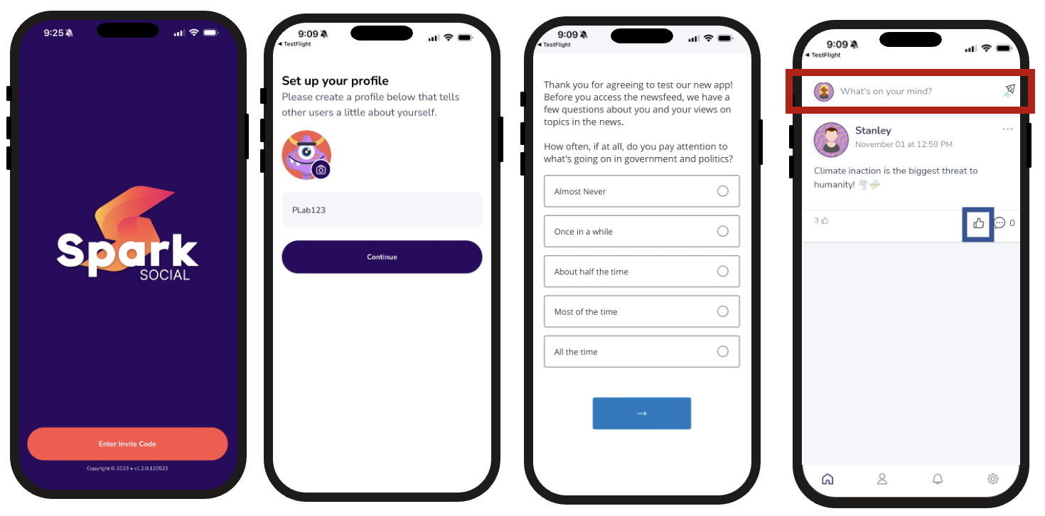 The application facilitated participant engagement through a structured interface-a landing page, personalized profiles, embedded surveys, and a dynamic newsfeed-where interactions, such as text input prompted by designated fields and affirmation via a “Like” button, were tracked as indicators of system responsiveness.