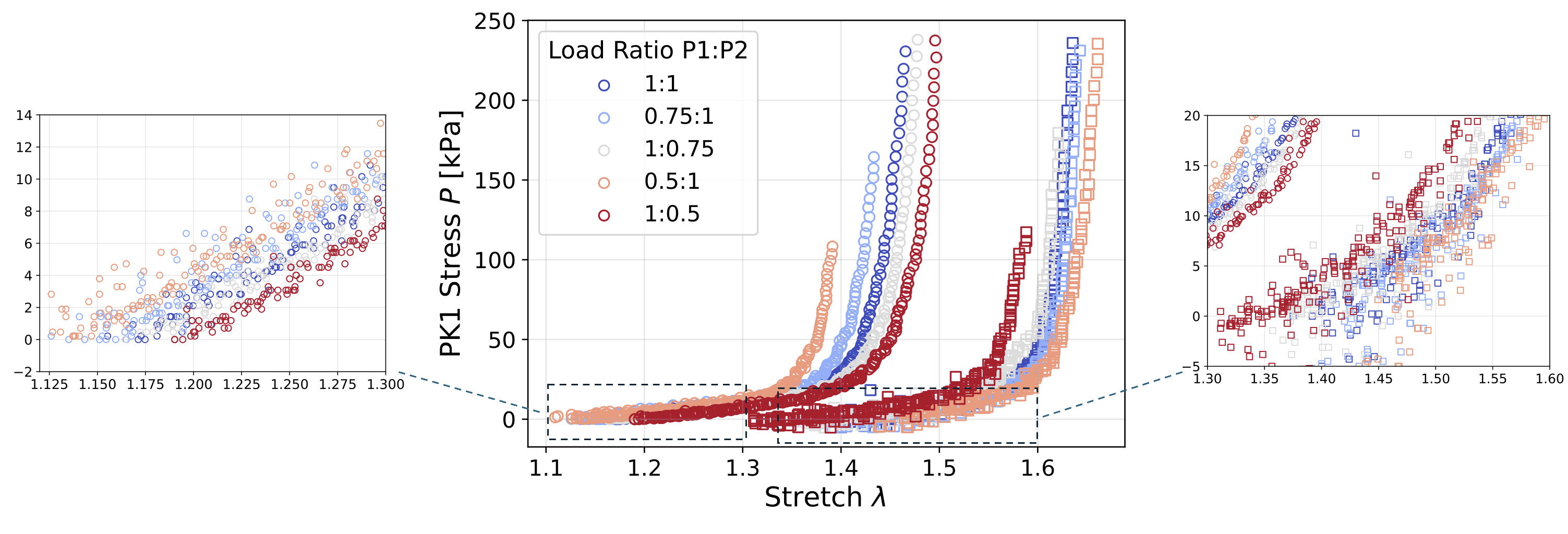 Экспериментальные данные по створкам атриовентрикулярных клапанов свиньи, полученные при двуосном нагружении с различными соотношениями нагрузок, представлены красным цветом.