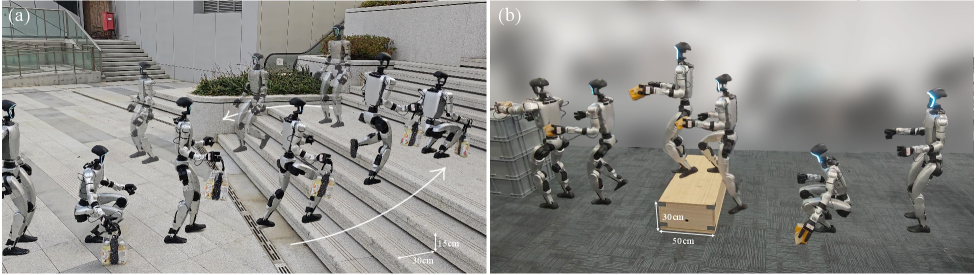PILOT demonstrates robust object transport capabilities in real-world scenarios, successfully navigating challenging terrains such as staircases and elevated platforms while carrying a payload.