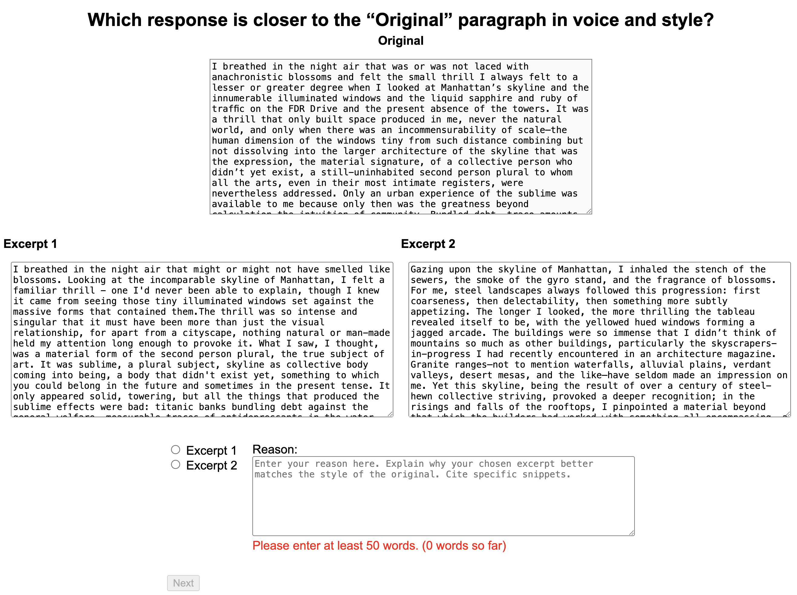 A quality evaluation interface displays text excerpts generated by both an AI and a human, assessed for their emulation of the writing style and voice of Maya Angelou based on her book, <i>Letter to My Daughter</i>.