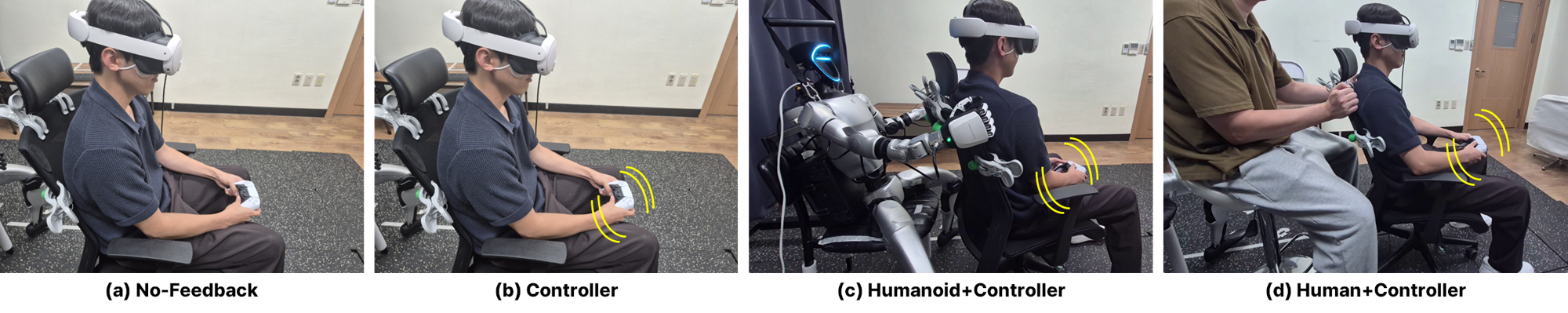 Экспериментальная установка включала четыре условия обратной связи: отсутствие обратной связи, вибрацию через контроллер, сочетание вибрации и тактильной обратной связи от робота-гуманоида, и тактильную обратную связь от оператора, воздействующего на кресло участника.
