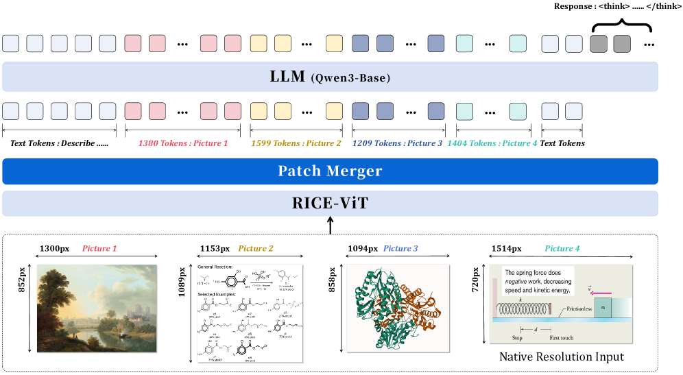 Our RICE-ViT model reasons across multiple images of varying resolutions by encoding each at its native size, merging the resulting visual tokens with text, and then utilizing Qwen-8B-base to generate a reasoned response.