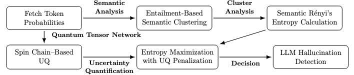Our hallucination detection pipeline leverages directional entailment clustering and uncertainty quantification (<span class="katex-eq" data-katex-display="false">QTN</span>) with entropy maximization to reliably identify instances of large language model hallucination.