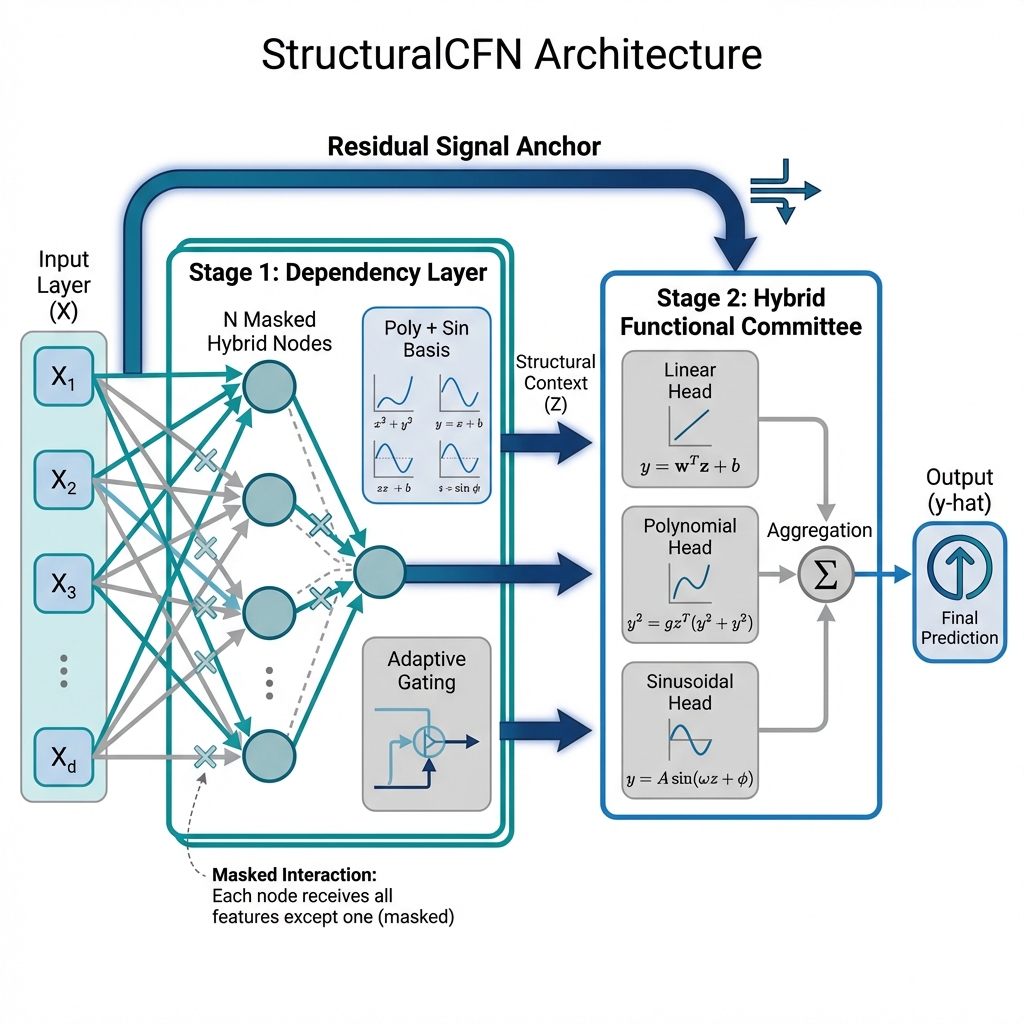 The architecture learns contextual relationships through adaptive gated nodes, ultimately yielding predictions via a hybrid functional committee bolstered by a residual linear bypass-a design prioritizing graceful degradation rather than resisting the inevitable entropy of complex systems.