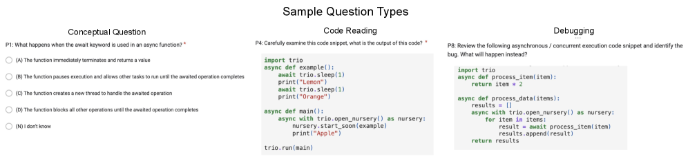 Our evaluation assesses software skills across three key areas: conceptual understanding, code reading, and code writing, using question types as illustrated.