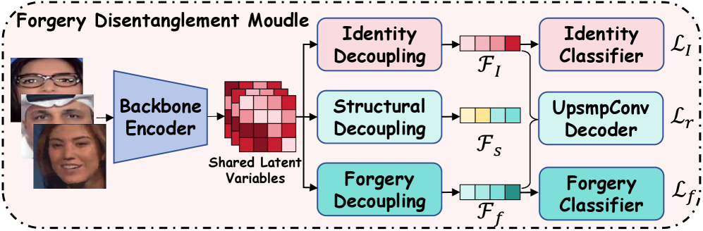 The proposed forgery disentanglement detector (FDM) utilizes a diagrammatic structure, as shown on the left, paired with an adversarial classifier structure depicted on the right, to identify and separate forged content.