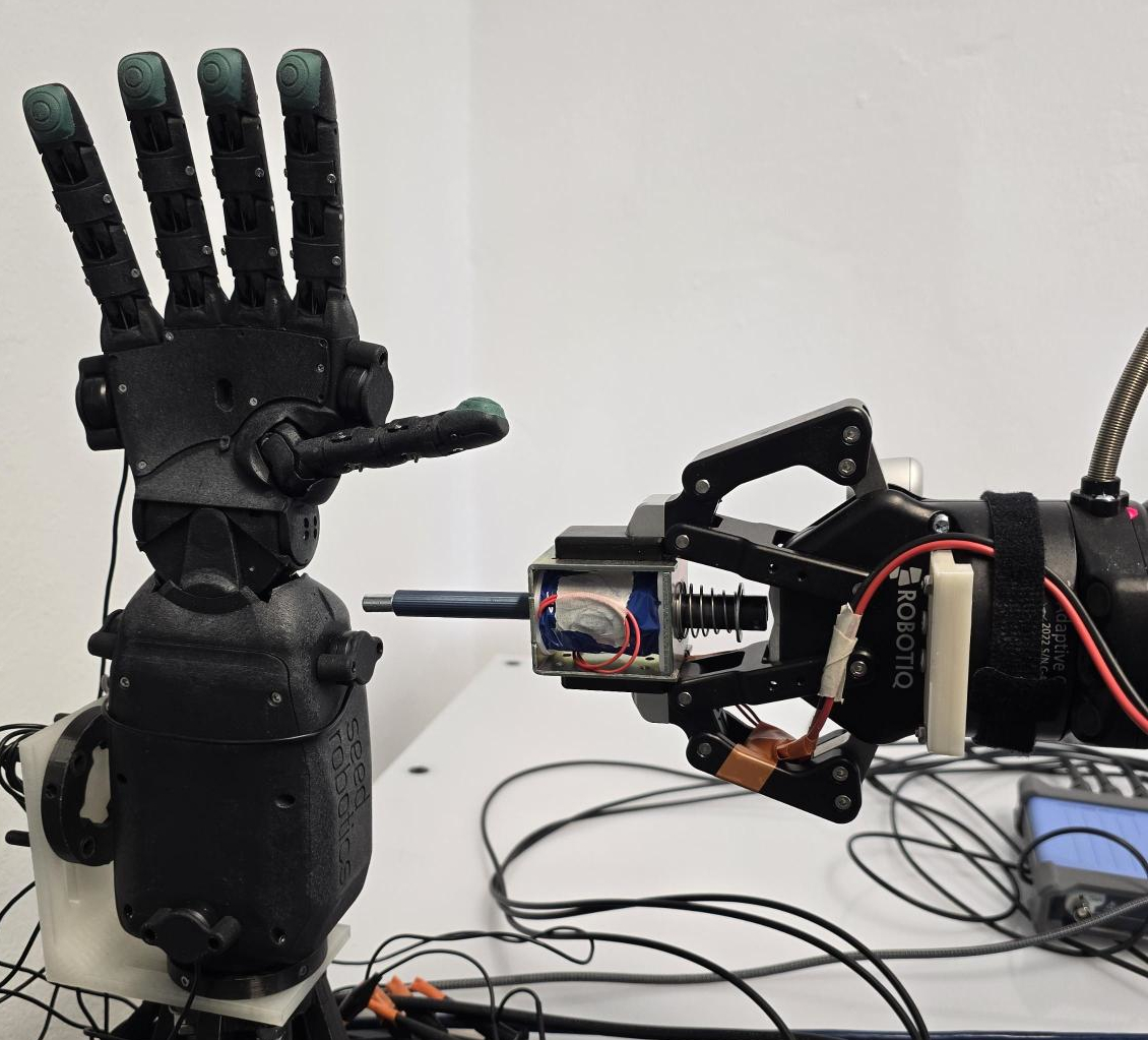 A robotic system utilizes a UR5e arm and solenoid-driven metal indenter to deliver controlled mechanical impulses to a hand, enabling investigation into impulse response localization.