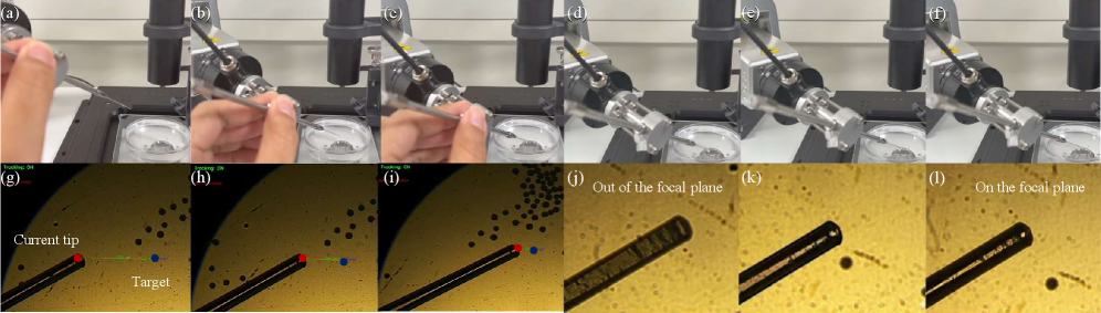 A shared control workflow combines manual macro-guidance for initial tool positioning with automated visual servoing for precise refinement during both lateral and depth regulation, as observed through a microscope view.