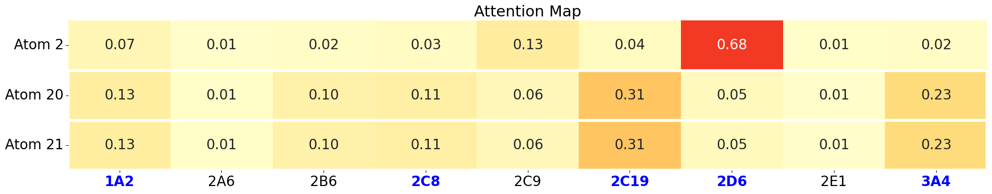 An attention heatmap with numerical attention values for three atoms across multiple CYP isoforms.