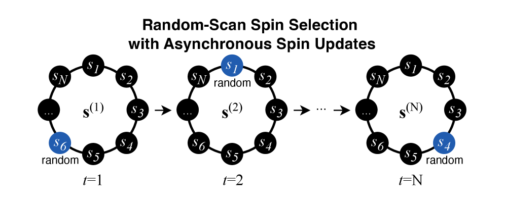 Метод последовательного Монте-Карло для одиночного спина, применяемый к <span class="katex-eq" data-katex-display="false">NN</span> спинам, итеративно обновляет случайно выбранный спин (выделен синим), сохраняя остальные фиксированными, что позволяет генерировать Марковскую цепь конфигураций спинов.