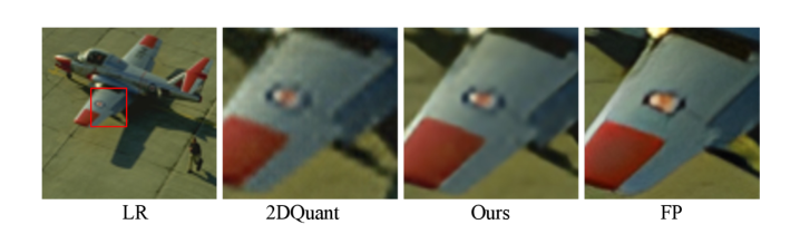 В сложном примере сверхразрешения <span class="katex-eq" data-katex-display="false">\(\times 4\)</span>, наш метод демонстрирует значительно более четкое изображение по сравнению с современным подходом 2DQuant, страдающим от чрезмерной размытости.